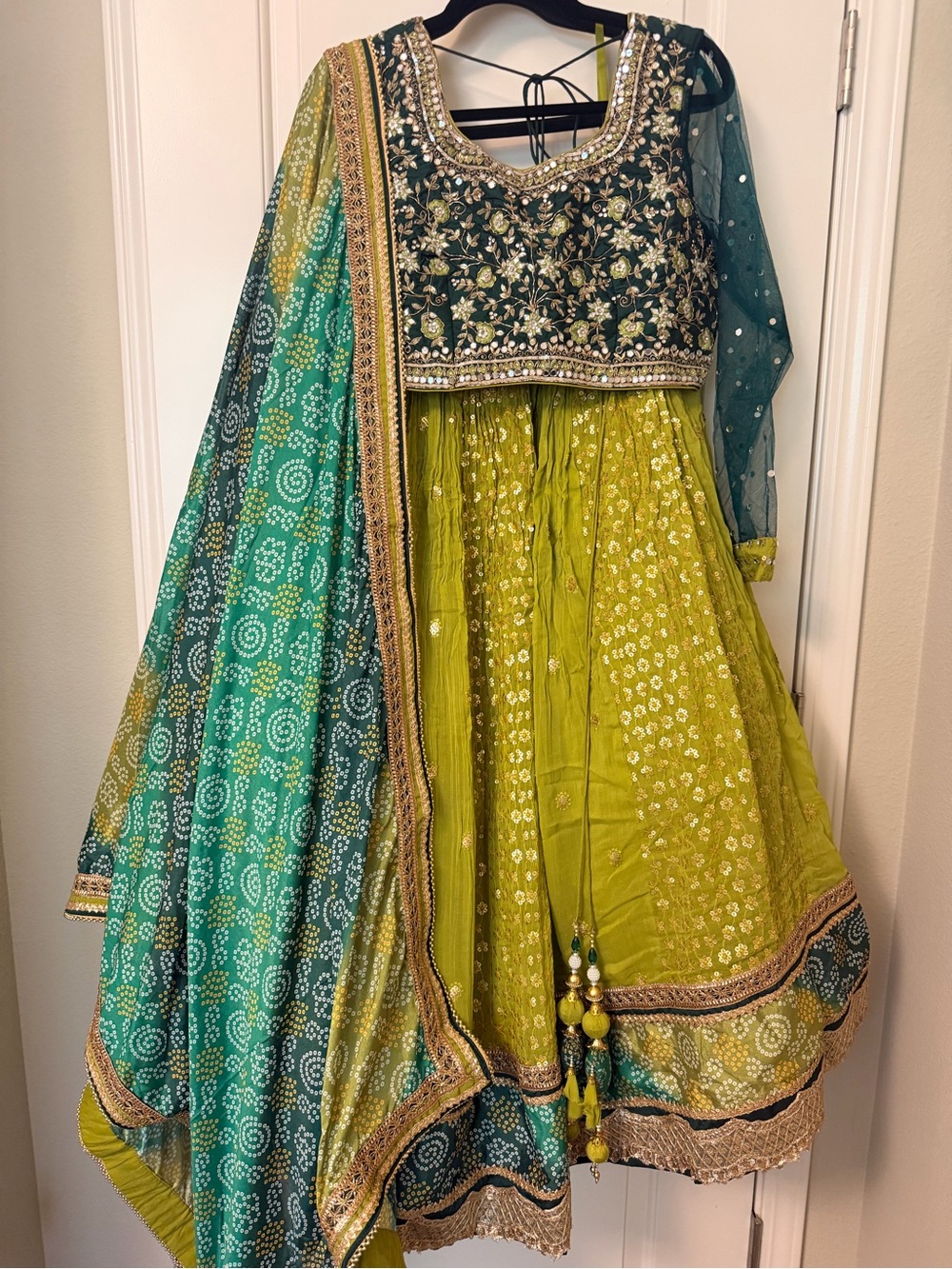Embroidered Green & Teal Bandhani Lehenga Dress with Dupatta